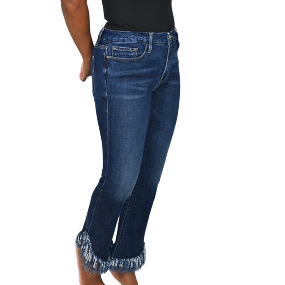 Frame Le Crop Mini Boot Jeans Blue Mid Rise Stretch Shredded Fringe Hem Size 29 - Picture 12 of 15